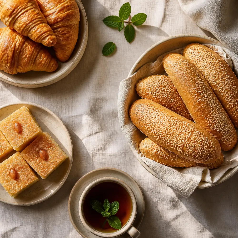 Fresh bread and croissants on a bakery shelf