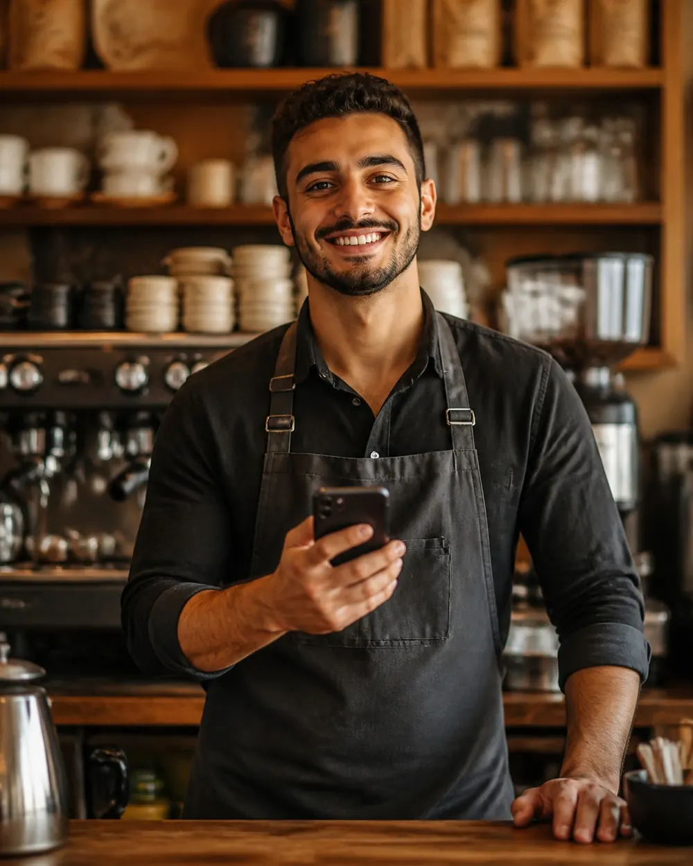 A young Egyptian café owner in a barista apron behind the counter, holding his phone and smiling, with the espresso machine behind him