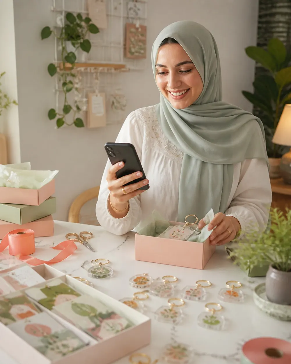 A young Egyptian woman in a sage hijab at her craft table with acrylic keychains and gift boxes, holding her phone